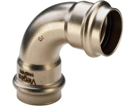 Viega 15 mm Seapress presbøjning, 90° lavet af CuNi10Fe1,6Mn legering til havvandsanvendelser.