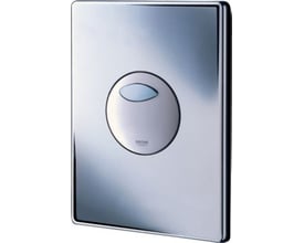 Grohe Surf betjeningsplade i krom finish, der viser den runde skylleknap og Grohe logoet tydeligt.