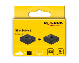 Den gule emballage til DeLock HDMI-switch 2 til 1 viser den sorte, bidirektionelle switch og 4K ved 60 Hz.