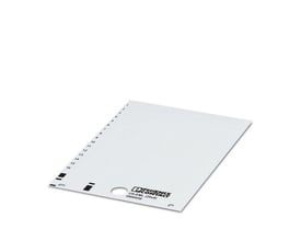 Phoenix Contact US-EML (20x8) mærkesystem, en hvid plastplade med sorte nummererede sektioner og logo.