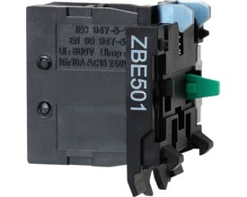 Schneider Electric kontaktelement ZBE501 med 1 NC+1NC konfiguration, viser skrueterminaler og IEC/EN standarder.