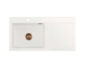 Oversigtsbillede af Lavabo Mera 100SL hvid keramikvask med venstre bakke og kobberfarvet afløb, vist med hanehul.