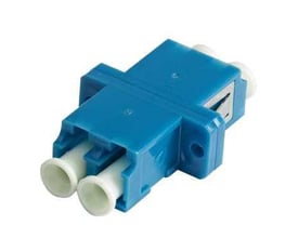 Lauritz Knudsen Actassi fiberadapter SM LC duplex i blå plast med hvide ferruler, ideel til fiberpaneler og udtag.