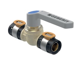 Geberit FlowFit kugleventil med 63mm tilslutning og gråt L-greb. Fremstillet i blyfri siliciumbronze med PPSU kugle.