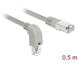 DeLock Cat.6A S/FTP-netværkskabel på 0,5 meter med to nedadvinklede RJ45-stik, vist i gråt.
