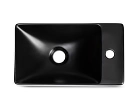 Firkantet håndvask i mat sort keramik, 38x22x10 cm, med hanehul til højre og uden overløb.