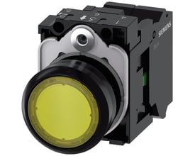 Siemens trykknap i gul plast med 22mm diameter, rund form og 1NO kontakt, vist med integreret LED-modul og fjederklemme.