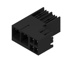 Sort Weidmüller hybrid-printpladeconnector med to poler og 7,62 mm afstand, set skråt forfra med tilslutningerne synlige.