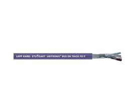 Lapp Unitronic Bus DN Thick FD Y kabel med en lilla ydre kappe, der viser den afskårne ende med flere ledere og afskærmning.
