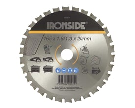 Ironside rundsavklinge til metal med sølvfarvet klinge, 30 tænder og sort-gul tryk; diameter 165 mm.