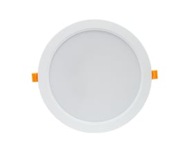 Rundt hvidt SpectrumLED 18 W LED-indbygningspanel med jævn lysflade og orange monteringsclips.
