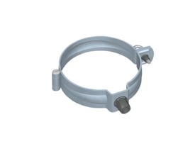 Rheinzink rørholder til 80mm rør i prePatina blaugrau zink med rustfri skrue, præsenteret på hvid baggrund.