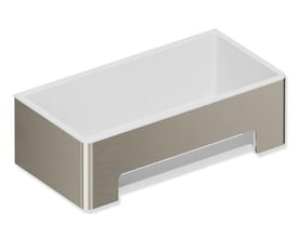 HEWI System 900 brusehylde med hvid indsats og børstet metalholder, vist skråt forfra.