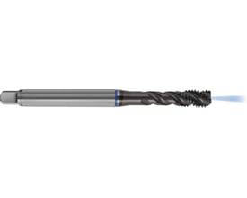 Gühring spiraltap 4636 i M10 med lang, spiralformet skæredel og indvendig køling, set fra siden.