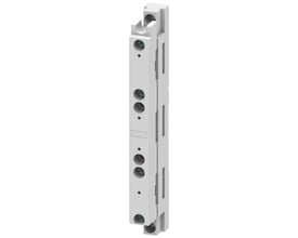 Siemens 8US1 samleskinne 3-polet, 60mm system, lavet af hvid plast med tydelige monteringshuller og en bredde på 20 mm.
