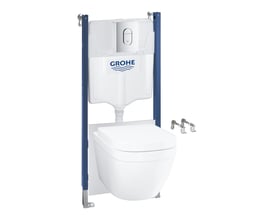 Detaljeret visning af Grohe Solido Euro Ceramic hængetoilet med indbygningscisterne, skylleknap og monteringsdele.