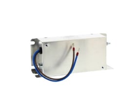 Omron RFI EMC filter A1000-FIV1030-SE-Q med 2,2kW, 30A og 200 VAC, enfaset, med tilslutningsledninger i blå og rød.
