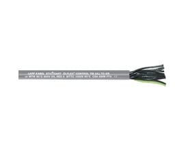 Lapp Olflex Control TM 7G4 12/7C kabel med grå kappe og synlige sorte, gule og grønne ledere i enden på hvid baggrund.