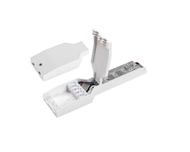 Åben SLV LED driver i hvid, viser terminalerne til ledningsføring og DALI-styring, 36W output.