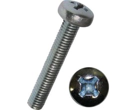 Dresselhaus maskinskrue M3x6mm med panhoved og PH 1 kærv, elforzinket. To billeder: én skrue på skrå og én set oppefra.