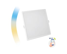 Firkantet hvidt SpectrumLED Algine LED-indbygningspanel med smart CCT og Wi-Fi-dæmpning, vist skråt med lysfarvesymbol.