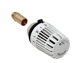 IMI Heimeier hvid RTL termostat med en separat messingventilkomponent, der viser M30-tilslutningen.