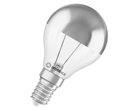 Ledvance LED-kronepære med sølvfarvet top, klar kolbe og E14-fatning, set skråt fra siden.
