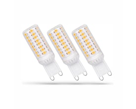 Tre SpectrumLED G9 LED-pærer med synlige lysdioder og hvide sokler, 4,9 W og dæmpbar.