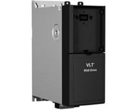 Danfoss VLT Midi Drive FC 280 frekvensomformer med 1,5kW effekt og IP20 kapsling, vist fra siden med grå og sort finish.