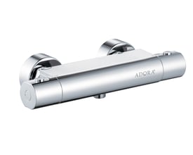 ADORA Exigo D 150CC termostatarmatur til bruser i skinnende krom med to drejeknapper og tydeligt ADORA logo på en hvid baggrund.