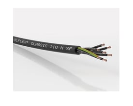 Lapp Olflex Classic 110 H SF 3G6 kabel med afskåret ende, der viser tre sorte ledere og en grøn/gul leder, alle med kobbertråde.
