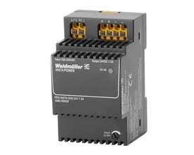 Sidevisning af Weidmüller PRO INSTA 30W strømforsyning, der viser mærkning og PUSH-IN terminaler med justeringsknap.