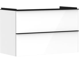 Frontvisning af Hansgrohe Xelu Q vaskeskabet i hvid højglans med diskret sort grebsliste, forberedt til ophængning.