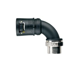 Thomas & Betts Adaptalok ATS 90-graders koblingsstykke til 16 mm rør med drejelig M16-gevinddel, set skråt fra siden.