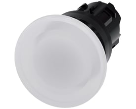 Siemens oplyst paddehattrykknap, 22mm diameter, hvid ru plast med 40mm aktuator, set fra siden med hvid baggrund.