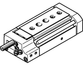Festo minislæde DGSL-4-20-PA, vist som teknisk tegning, med kuglelejeskinne og synlig positionssensor-justering.