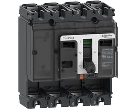 Schneider Electric 4-polet ComPacT NSX 160S DC maksimalafbryder med et tydeligt 'OFF' håndtag og mærket 750VDC.
