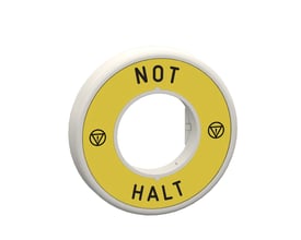 Schneider Electric nødstopsskilt med gul baggrund og tysk tekst "NOT-HALT" for Ø22 mm nødstophoveder.