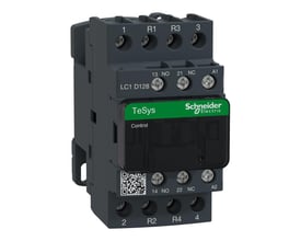 Detaljeret billede af Schneider Electric TeSys D kontaktor, der viser mærkater, terminaler og QR-kode.