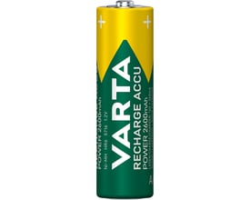 Enkelt Varta Recharge Accu Power AA batteri med 2600mAh kapacitet, viser grøn og gul farve samt tekniske detaljer.