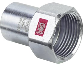 Viega Prestabo indstiksstykke i stål, visende 15mm pres-ende og 1/2" gevind med VdS/P logo på rød mærkat.