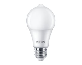Hvid Philips MASTER LED-standardpære med synlig sensor øverst, mat A60-form, E27-sokkel og 8 W effekt.