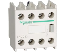 Lys beige Schneider Electric hjælpeblok LADC22 med 2 slutte og 2 bryde kontakter, vist fra siden på hvid baggrund.