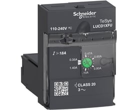 Schneider Electric TeSys Model U strømmodul LUCD1XFU med mærket 110-240V og grøn justeringsknap for strømindstilling fra 0,35-1,4A.