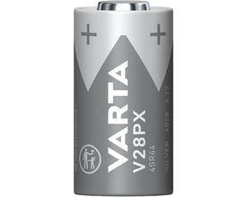 Et enkelt Varta V28PX/4SR44 sølvoxid batteri med 6.2V spænding, vist i detaljeret nærbillede.