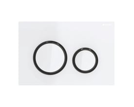 Geberit Sigma21 betjeningsplade med dobbeltskyl i hvid og sort krom, vist med to cirkulære knapper på en hvid baggrund.