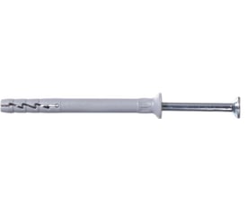 Expandet sømdybel 5x40/15mm i grå plast og galvaniseret stål med undersænket krave og stift.