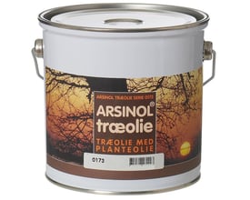 Nærbillede af ARSINOL® træolie 2,5l spand, der viser etikettens detaljer med produktnavn og serie nummer 0173.