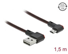 Sort DeLock EASY-USB 2.0-kabel på 1,5 meter med Type-A- og Micro-B-hanstik, vist med begge stik.