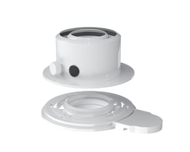 Nærbillede af Bosch AZB 1388 aftræksadapter, der viser CO2 og O2 tilslutninger og hvid plastmateriale.